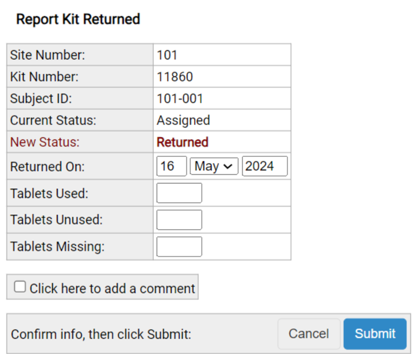 Kit de rapport retourné
