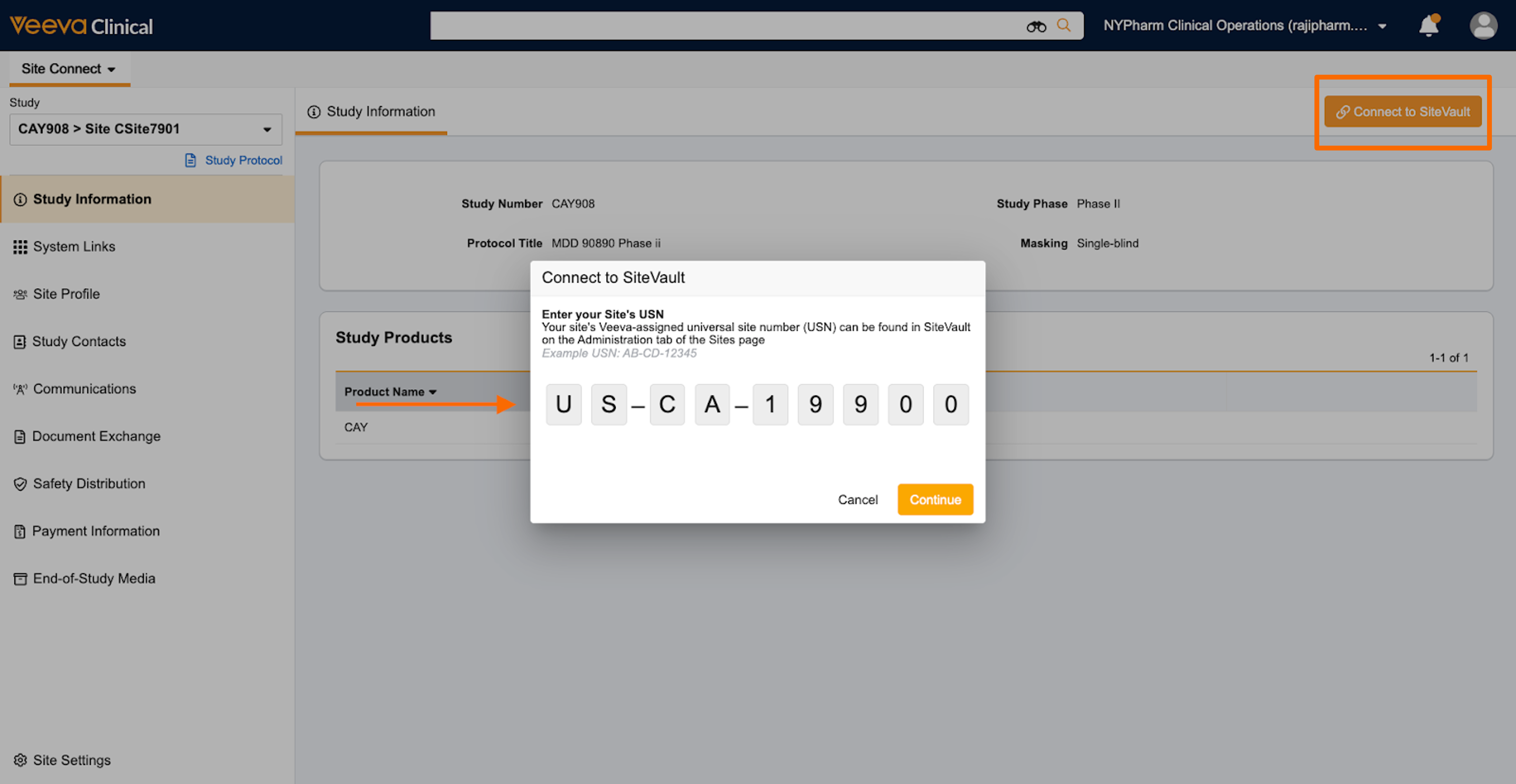 साइट कनेक्ट स्टडी को साइटवॉल्ट से कनेक्ट करें