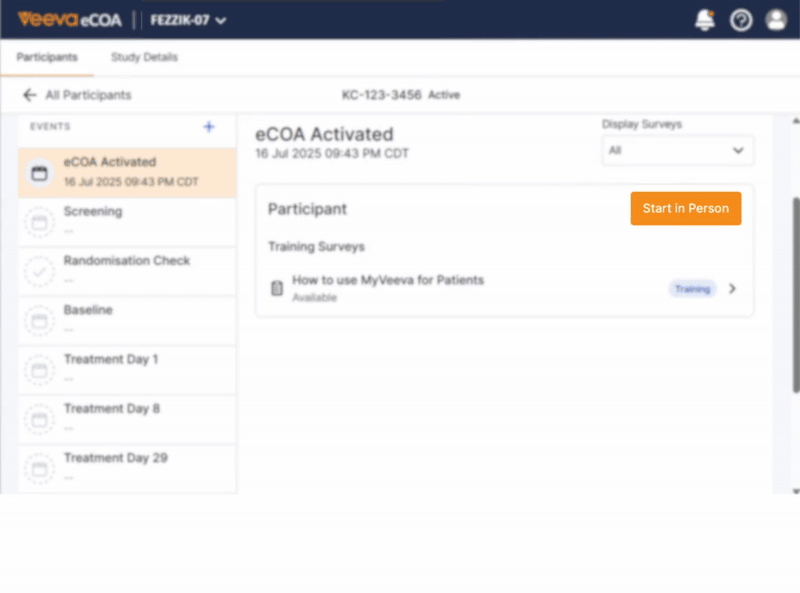 Пошаговое руководство по проведению личного опроса, показывающее, что отображается экран входа в систему MyVeeva