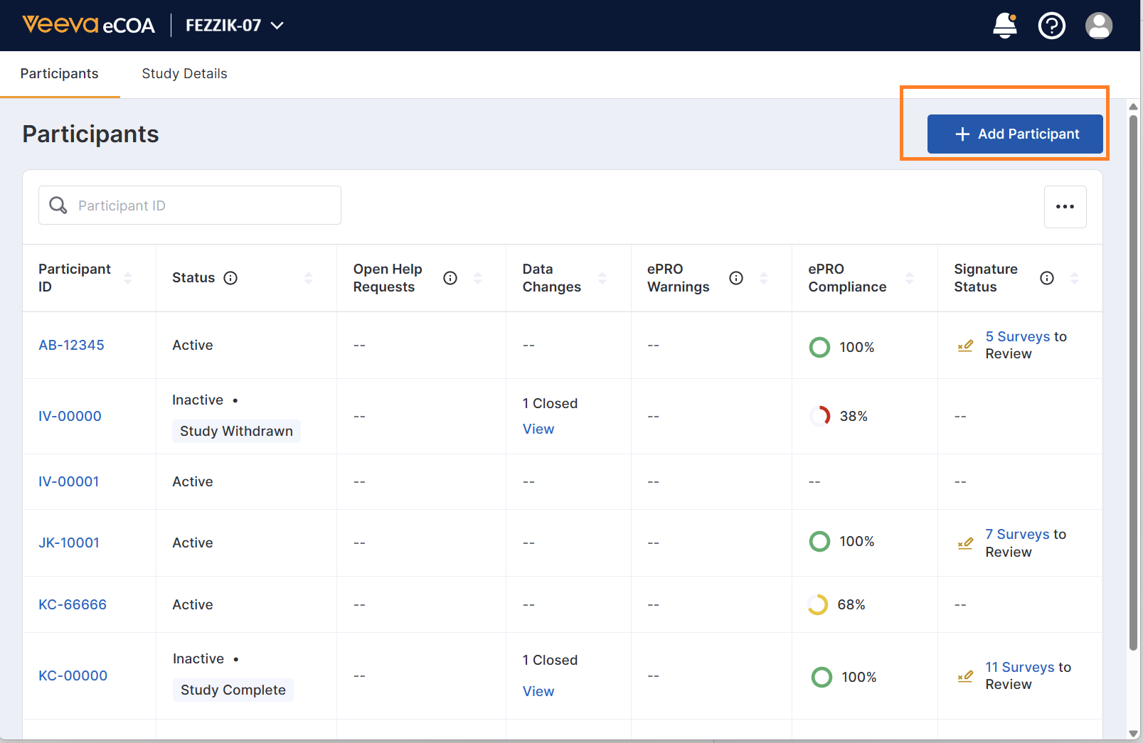 {Example Participants List page with the Add Participant button outlined}