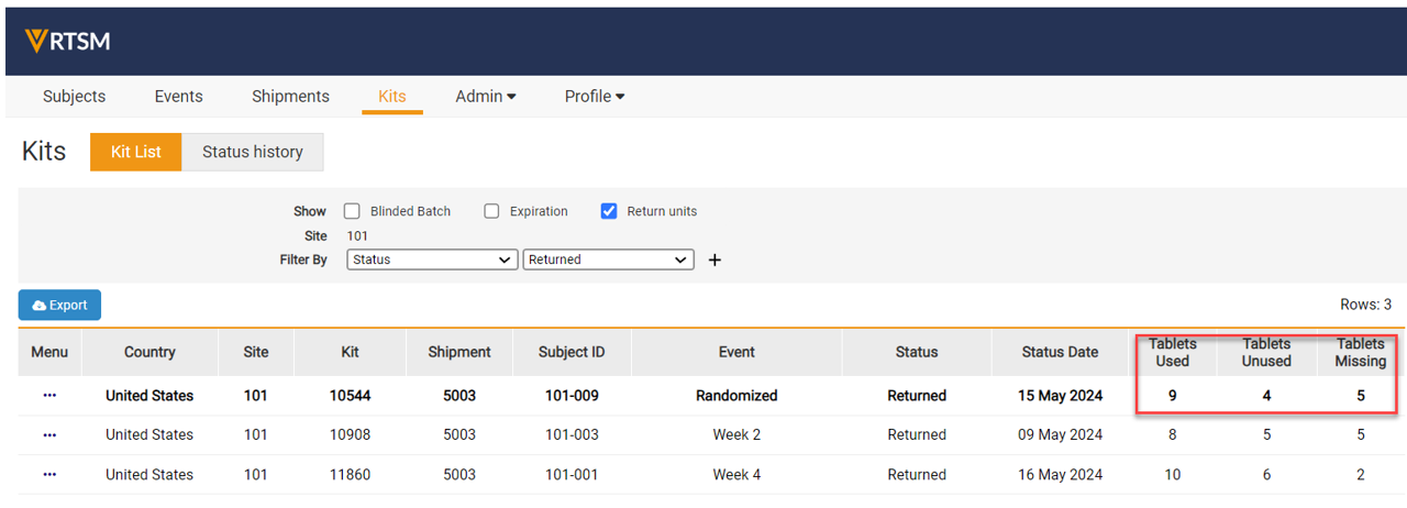 Edit Return Units - Status History