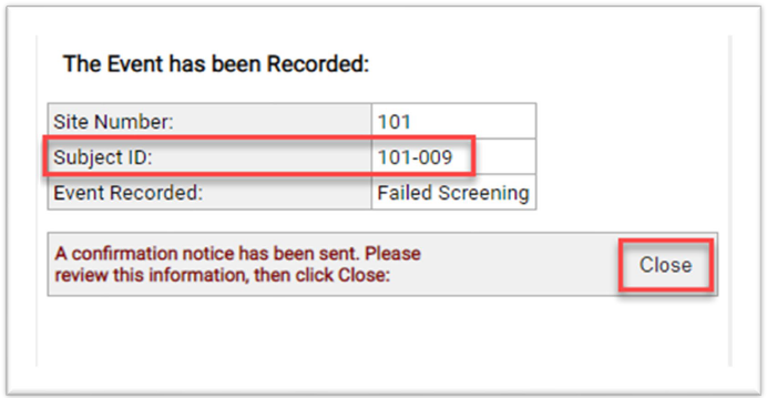 Screen Fail Confirmation