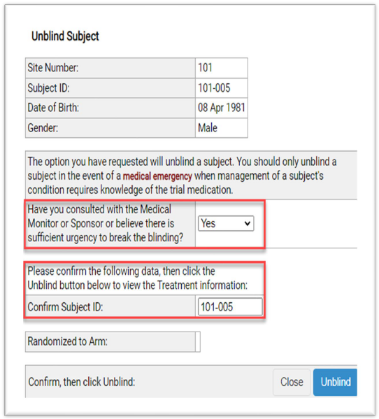 Unblind Subject Screen