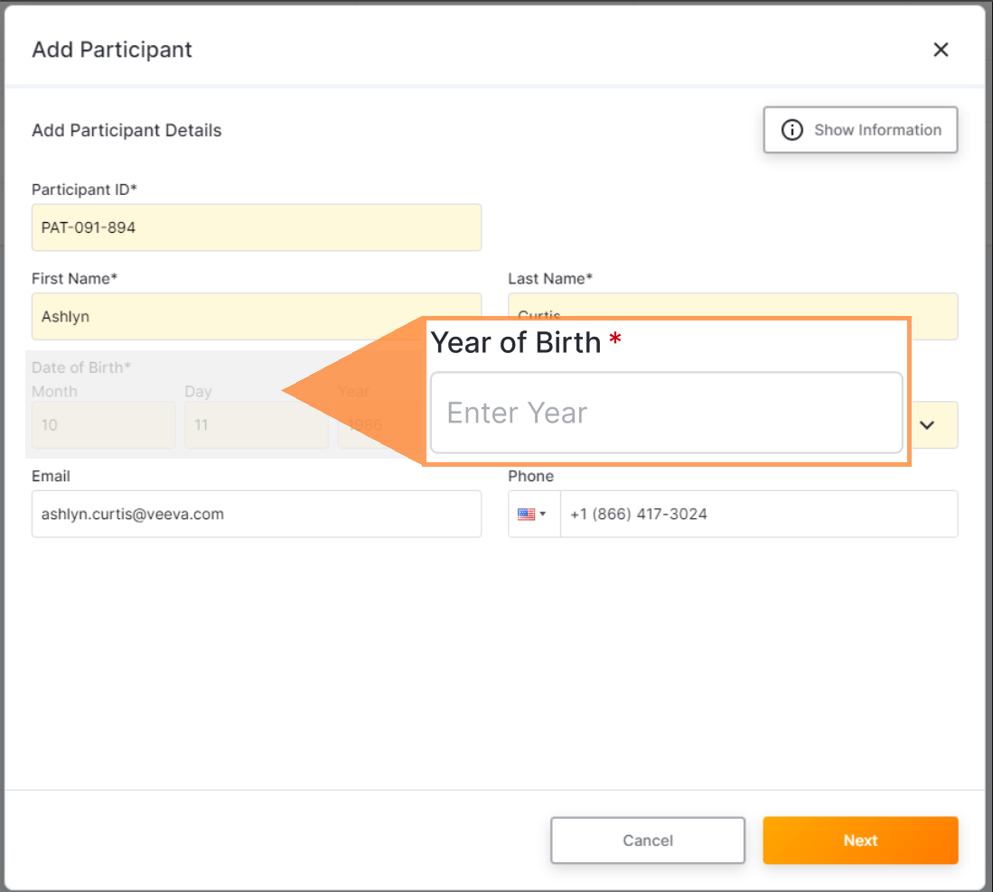 添加参与者页面显示“出生日期”字段呈灰色,并显示正在使用的“出生年份”字段